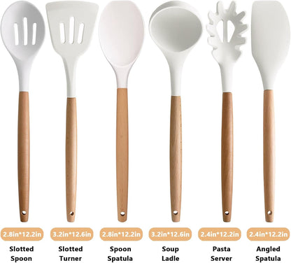 Kitchen Cooking Utensils Set 6Pcs Non-Stick Silicone Kitchen Utensils Spatula Spoon Turner Ladle Pasta Server, Heat Resistant Wooden Handle Silicone Cooking Gadgets Sets for Cookware & Baking3