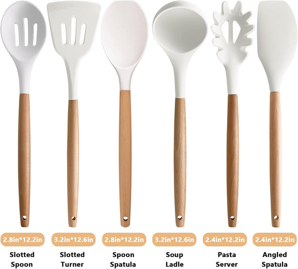 Kitchen Cooking Utensils Set 6Pcs Non-Stick Silicone Kitchen Utensils Spatula Spoon Turner Ladle Pasta Server, Heat Resistant Wooden Handle Silicone Cooking Gadgets Sets for Cookware & Baking3