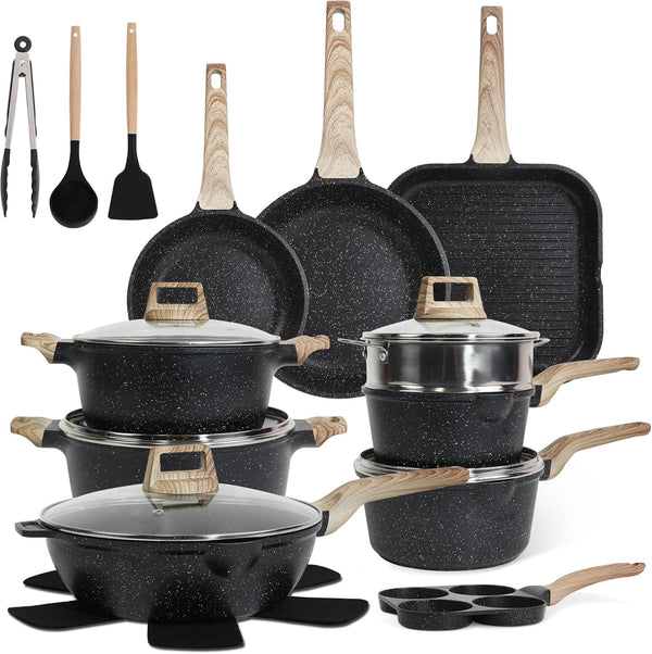 Pots and Pans Set, Nonstick Kitchen Cookware Sets，23Pcs Black Granite Induction Non-Toxic Healthy Kitchen Cooking Set W/Frying Pans, Saucepans, Griddle, Eggpan（Pfos, PFOA Free）1