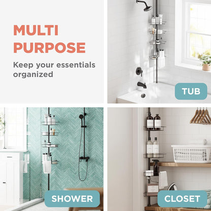 Tension Pole Shower Caddy Corner Organizer, Adjustable Standing Shower Caddy with 4 Baskets and Towel Bar, Rust Resistant Bathroom Tension Rod Organizer, 60 to 97 Inch, Bronze7