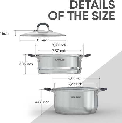 : 2-Tier Stainless Steel Steamer Pots - 3.1 Quart - Tempered Glass Lid, 3-Ply Bottom, Vegetable-Dumpling-Food Cookware, Dishwasher & Oven Safe | Steaming Pot with Glass Lid & Steamer Basket7