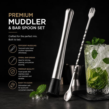 10 Inch Stainless Steel Muddler for Cocktail and 10 Inch Mixing Bar Spoon, 2 Pices Home Bar Tool Set | Stainless Steel Bar Muddler for Drink 2 Pcs Home Bar Tool Set for Mojitos Fruit Drinks, Sturdy Rust Proof2
