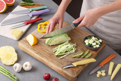 Classic 6 Piece Knife Set, Chef Santoku Utility Paring Serrated & Peeling Knives, Stainless Steel 15° Hollow-Ground Blades, Ergonomic Wheat Straw Handles9