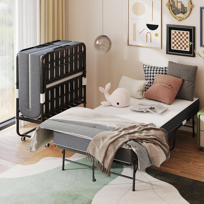 Folding Bed with Mattress for Adults,75" X 38" Portable Rollaway Bed Guest on Wheels with Memory Mattress and Heavy Duty Sturdy Metal Frame,Foldable Bed for Adults and Guest, Twin Size,Cot Size2