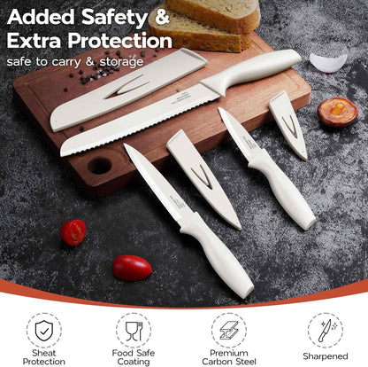 12 Pieces Knife Set with Covers, Stainless Steel Small Kitchen Knives Set, Cream White6