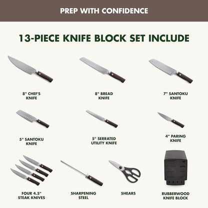 Elite 13 Piece Wooden Knife Block Set, Professional Stainless Steel Blades with Titanium Coating, Ultra-Sharp Kitchen Cutlery, Chef, Santoku, Bread & Steak Knives, Ergonomic Brown Wood Handle4