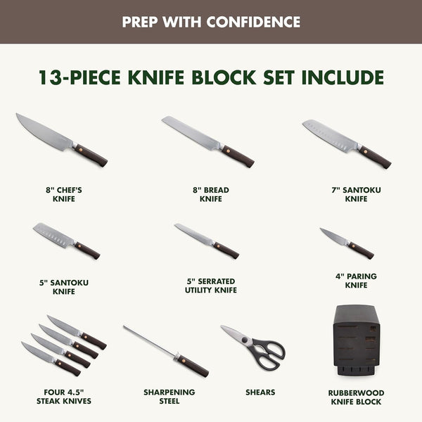 Elite 13 Piece Wooden Knife Block Set, Professional Stainless Steel Blades with Titanium Coating, Ultra-Sharp Kitchen Cutlery, Chef, Santoku, Bread & Steak Knives, Ergonomic Brown Wood Handle4