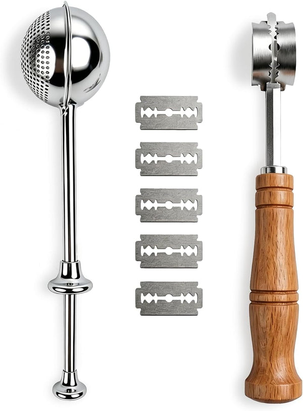 Bread Lame and Flour Duster Set, 304 Stainless Steel Bread Scoring Knife | 5 Razor Blades & Leather Cover, Professional Sourdough Baking Supplies1