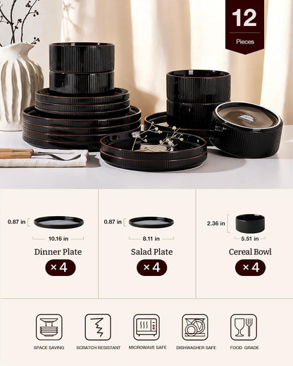 Line Porcelain Dinnerware Set, Dish Set for 4, Black3