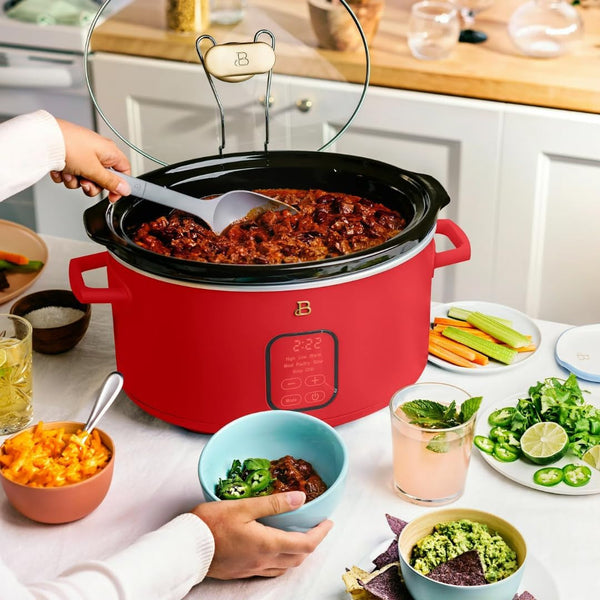 6 Qt Programmable Slow Cooker with Digital Timer, 5 Cooking Functions, Removable Ceramic Pot and Tempered Glass Lid, Dishwasher Safe (Tomato Red)4