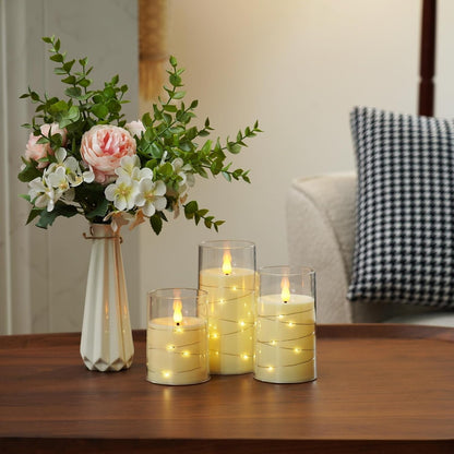 LED Flameless Candles, Battery Operated Candles with Embedded Fairy Lights, Acrylic Fake Candles with Remote and Timer for Wedding Home Decor, Ivory White, Set of 3, D3 X H4 5" 6"4