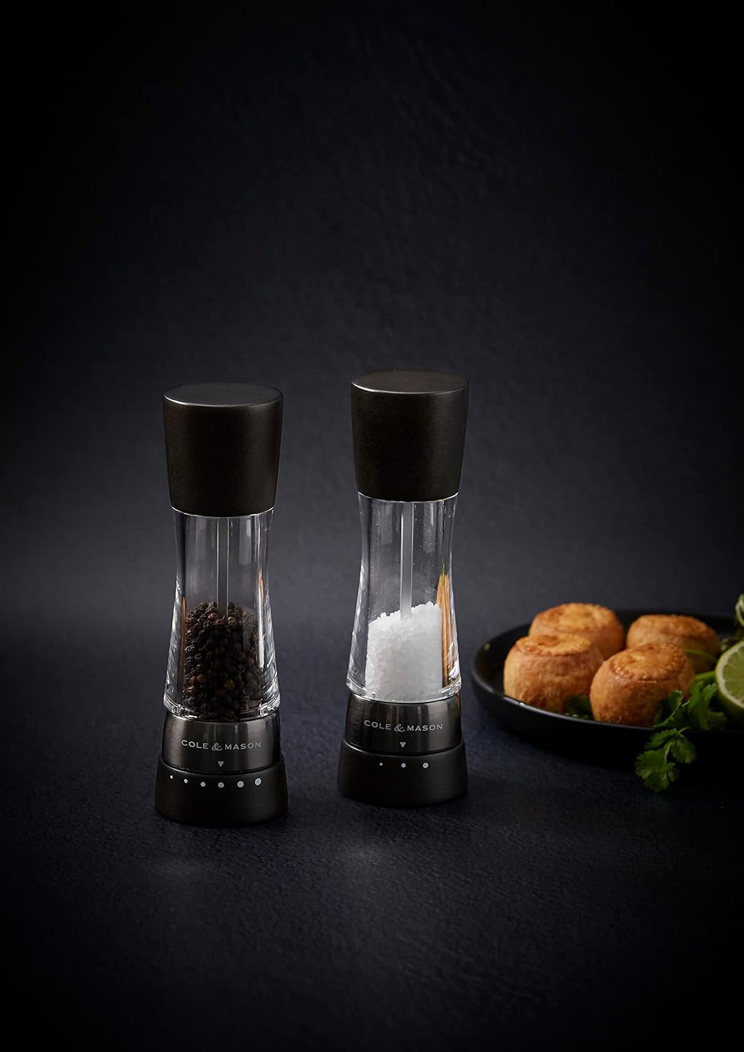 cole-mason-h332293-derwent-black-wood-salt-and-pepper-mills-gourmet-precision-adjustable-grind-stained-beech-acrylic-190-mm-gift-set-includes-1-salt-and-1-pepper-grinders-with-9-precise-grinding-levels-for-fine-or-coarse-granules-easy-to-refill-gourmet-precision-grinders-for-fresh-spices