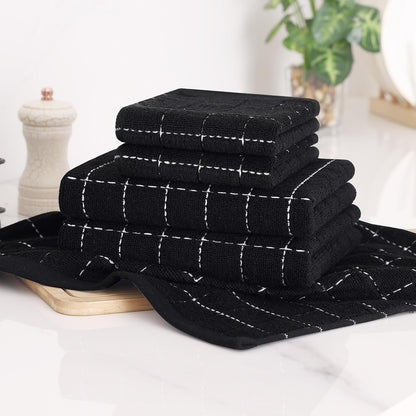 Kitchen Towels and Dishcloths Set, Set of 8, Black | Bulk Cotton Terry Kitchen Towels, Checkered Designed, Soft and Super Absorbent Dish Towels, 12 X 12 and 13 X 28 Inches6