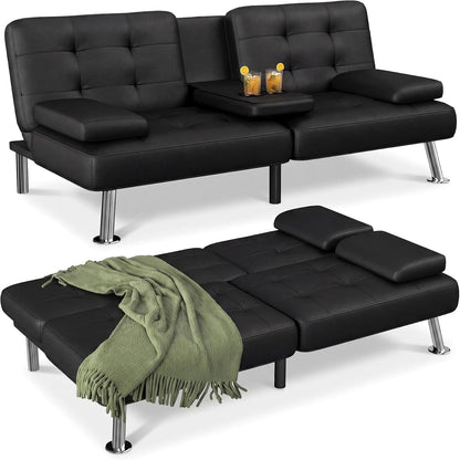 Futon Sofa Bed, Black Faux Leather Convertible Loveseat Couch1