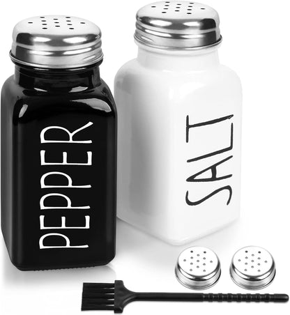 2 Pack Salt and Pepper Shakers Set, Glass Shaker with Stainless Steel Lid, Modern and Cute Farmhouse (Black and White)1