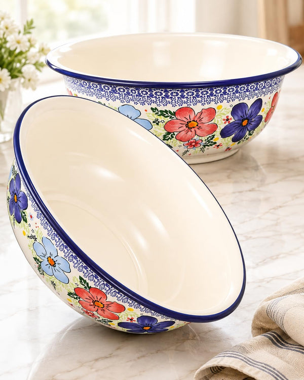 Set of 2 Enamel Bowls, 11.8 Inch Vintage Floral Enamelware Bowls8