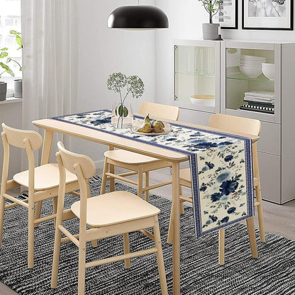 Navy Blue Flowers Linen Table Runner,Spring Floral Seasonal Dinner Table Decoration for Home Living Room Kitchen Dining Room 13X36In3
