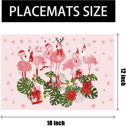 Linen Pink Christmas Placemats Set of 4 Hawaiian Tropical Flamingo Christmas Xmas Winter Holiday Home Kitchen Table Decorations3