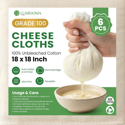 6Pcs Cheese Cloths 18X18 Inch, Grade 100 Cheesecloth for Straining | Reusable Cheese Cloth with Reinforced Edges, Unbleached Cotton Muslin Fabric Strainer for Baking,Juicing,Milk,Cheese, Crafts1