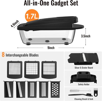 8-Blade Cook Tool & Gadget Sets, Chopper Slicer Grater Set, Black | Vegetable Chopper Mandoline Slicer Food Grater with Container for Onion, Veggie Salad2
