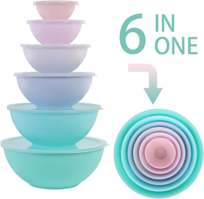 BPA Free Plastic round Mixing Bowl with Lids, 12 Pack Nesting Bowls with Lids Set, Microwave and Dishwasher Safe Prep & Serving Bowls Great for Mixing, Baking, Serving (Pinkish Green, 12Pcs)6