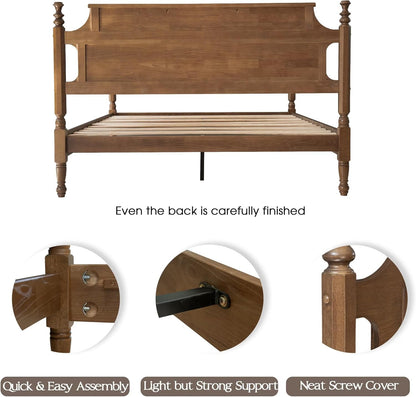 Solid Wood Queen Size Bed Frame with Headboard & Footboard, 12 Strong Slats, Center Metal Legs, Anti-Slip & Noise-Free Design, No Box Spring Needed, Quick Assemble, Barnwood Finish, ROQ-306
