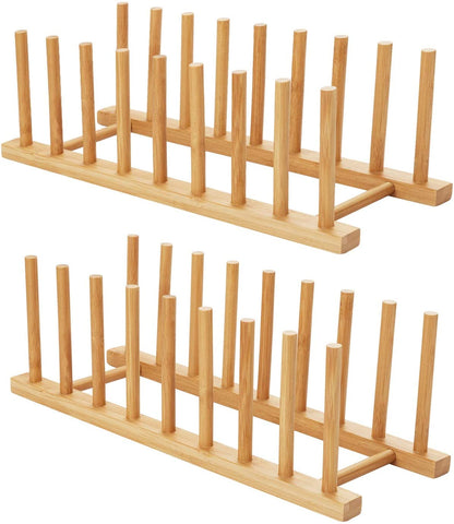 2Pcs Bamboo Dish Plate Bowl Cup Book Pot Lid Cutting Board Drying Rack Stand Drainer Storage Holder Organizer Kitchen Cabinet（Keep Dry）1