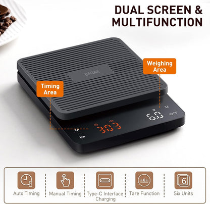 BAGAIL Coffee Scale with Timer, 0.1G/3Kg Precision | for Drip Espresso & Pour Over, Rechargeable, Clear LED Display, Auto Tare, Waterproof Silicone Cover, Charging Cable Included2