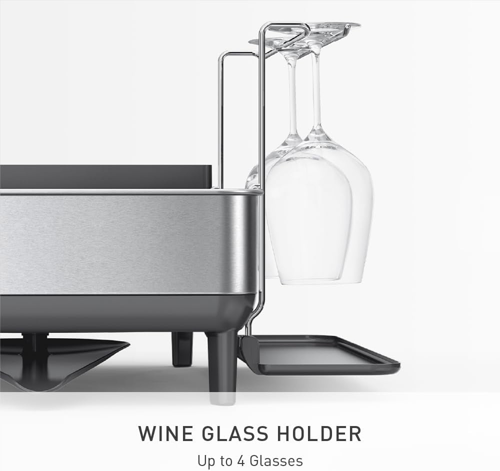simplehuman-steel-frame-dishrack-large-capacity-dish-drying-rack-360º-easy-drain-swivel-spout-utensil-wine-glass-holder-anti-residue-coating-moisture-control-surface-brushed-stainless-steel