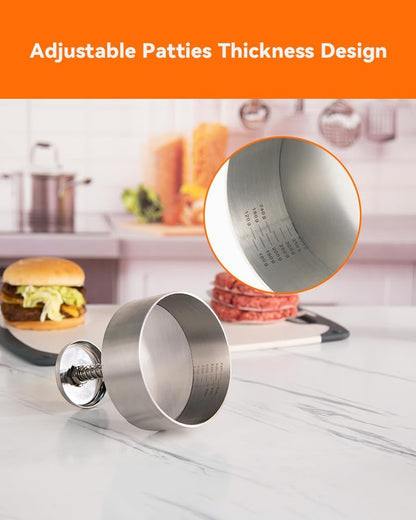 Burger Press, 4.5" 304 Stainless Steel Hamburger Press Patty Make | Spring Back Design, Thickness Guide 100G-400G, Easy Release, No Coating, No Rust, Dishwasher Safe, for Ground Beef Patties4