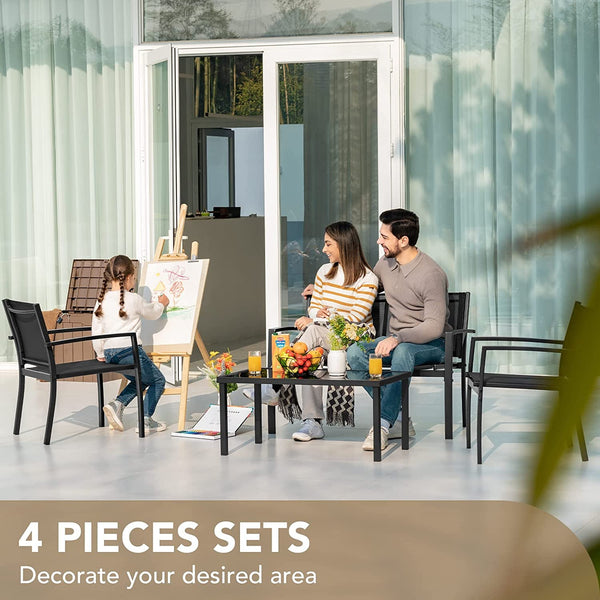 Outdoor Furniture Set 4 Piece Patio Conversation Sets Porch Furniture with Lawn Chairs & Glass Coffee Table for Garden Poolside (Black)2