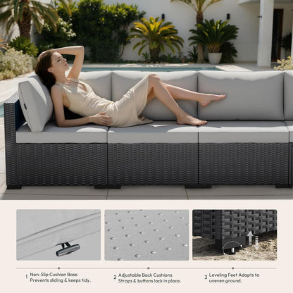 Patio Furniture Set 7 Piece - All-Weather - Wicker Rattan Patio Outdoor Conversation Set, Modular Sectional Sofa for Backyard, Garden, Poolside, Balcony, Porch, Patio, Black/Light Gray3