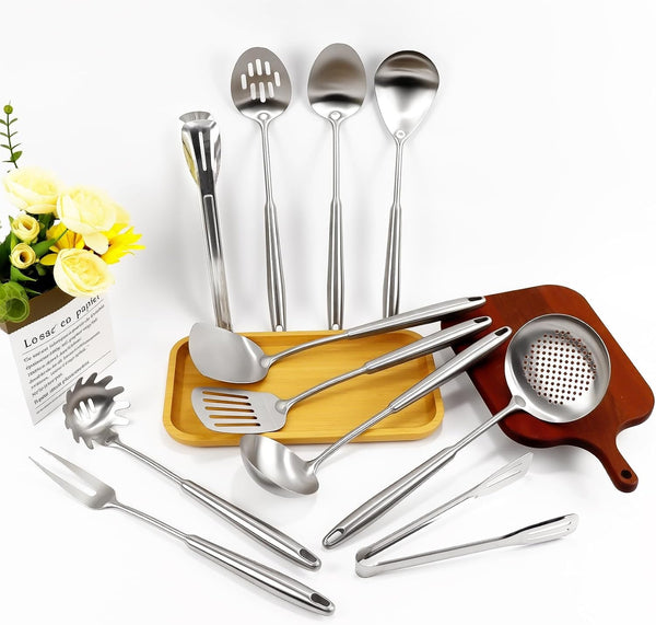 304 Stainless Steel Cooking Utensils Set, 11PCS Stainless Steel Utensils Set, Metal Cooking Utensils Set Include Meat Fork, Tongs, Turner, Soup Ladle, Dishwasher Safe3