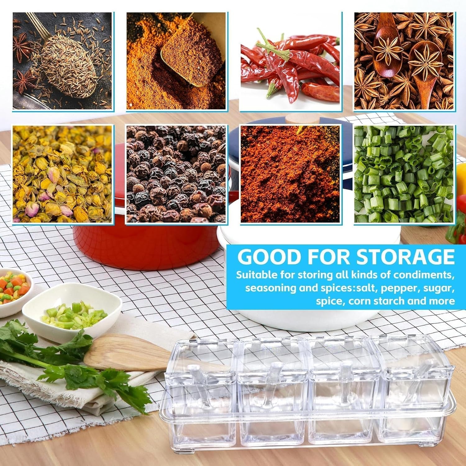 4-cell-clear-seasoning-rack-spice-box-storage-container-condiment-jars-acrylic-seasoning-box-with-cover-and-spoon-enhanced-version-clear