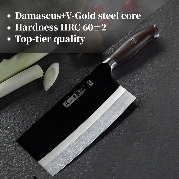 ZHANG XIAO QUAN Professional Meat Cleaver Knife Damascus Steel, Heavy Duty Kitchen Knife with Ultra Sharp Blade, Comfortable Ergonomic Wooden Handle(Black)7