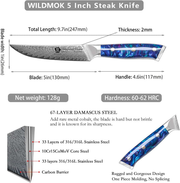 Steak Knives, 5 Inch Non Serrated Steak Knife Set of 4, Japanese Damascus VG10 Steel Steak Knives,Premium Steak Knives Set with Gift Box2
