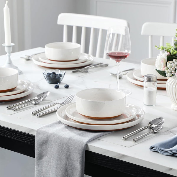 Plates and Bowls Sets, 12 Pieces Modern Stoneware Dinnerware Set for 4 Kitchen Dinner Set Ceramic Dishware Dishes Set Microwave and Dishwasher Safe, White, Series TARA5