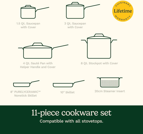 Cookware Set, 11 Piece Stainless Steel Cookware Pots and Pans, Home and Kitchen Durable Stainless Steel for Everyday Cooking, Matte Thyme, MT89G-119