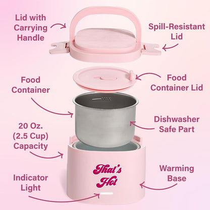 Electric Lunch Warmer, 20-Ounce Stainless Steel Portable Food Container with Sealing Lid, Removable 2.5-Cup Inner Dish, “That’S Hot” Front Decal, Pink5