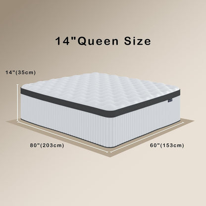 Queen Mattress, 14 Inch Queen Size Hybrid Mattresses with Memory Foam and Individual Pocket Spring for Motion Isolation, Pressure Relief, Medium Firm Mattress in a Box, 60 * 80 * 142