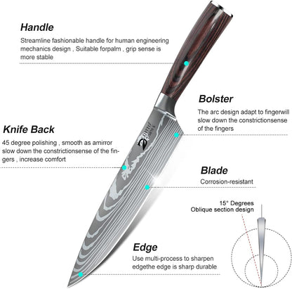 Chef Knife Sets with Roll Bag, 9 Pieces Professional Knife Set | High Carbon Stainless Steel Kitchen Knife Set with Sharpener, Red Pakkawood Handle, Kitchen & Home Cooking, Dishwasher Safe3