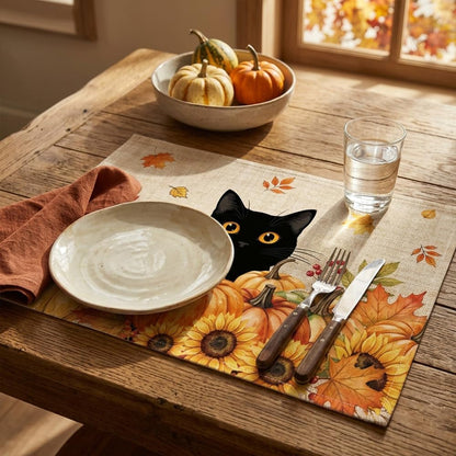 Fall Placemats Set of 6, Festival Linen Table Mats with Black Cat Pumpkin Sunflowers, Cute Autumn Decor & Supplies for Home Kitchen Farmhouse Dining Room Outdoor Indoor4