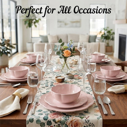 12 Pieces Scalloped Dinnerware Set, Modern Pink Dishes for 4, Premium Serving Plates & Bowls Sets, Chip Resistant, Blush Ceramic Dishware, Kitchen Dish, Microwave & Dishwasher Safe, Bethany6