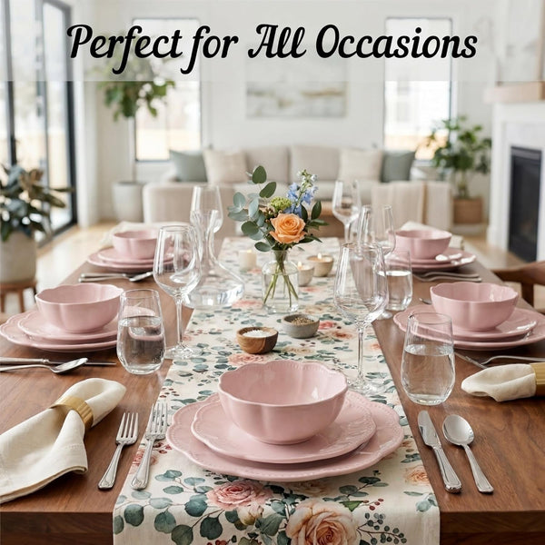 12 Pieces Scalloped Dinnerware Set, Modern Pink Dishes for 4, Premium Serving Plates & Bowls Sets, Chip Resistant, Blush Ceramic Dishware, Kitchen Dish, Microwave & Dishwasher Safe, Bethany6