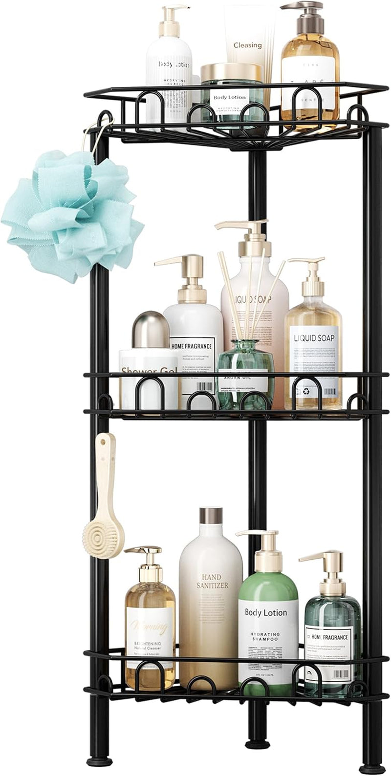 standing-shower-caddy-corner-3-tier-stainless-steel-shower-organizer-shelf-with-12-hooks-and-adhesive-pads-rustproof-corner-shelves-stand-rack-for-bathroom-shower-room-black