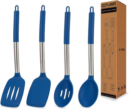4 Pack Silicone Utensils Set，Non Stick Solid Spatulas, Slotted Spoons with Stainless Steel Handle，Spatulas for Cooking，Frying, Mixing, Serving -Blue1
