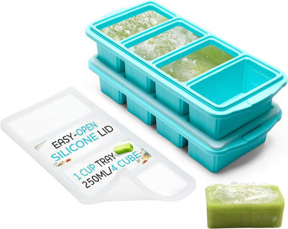 Silicone Freezer Tray with Lid - Soup Freezer Container Molds - Large Ice Cube Tray- Makes 8 Perfect 1 Cup Portions Cubes, 2-Pack Freezer Storage Food Soups & Meal Prep - Oven & Dishwasher -Safe1