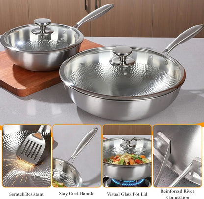 Titanium Hammered Wok Pan with Lid, Pure Titanium Pans for Cooking, No Coating Non-Stick Flat Bottom Wok, Ultra-Durable, Scratch-Resistant, Compatible with All Cooktops,12.6In4