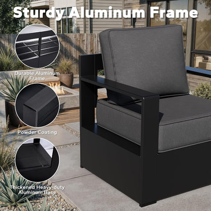 Outdoor Aluminum Furniture Set, 4-Piece Patio Conversation Set, 2 Swivel Chairs, 1 Sofa and 1 Table, All-Weather Metal Frame, 6" Thick Removable Cushions, Deep Setting for Garden, Poolside and Porch3