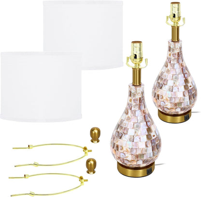 Modern Coastal Table Lamps Set of 2, Natural Mother of Pearl Tiles 23.5" Bedside Lamp, for Bedroom Living Room Home Nightstand Table Lamp(With USB C+A 5V 2.1A Charging Ports)5